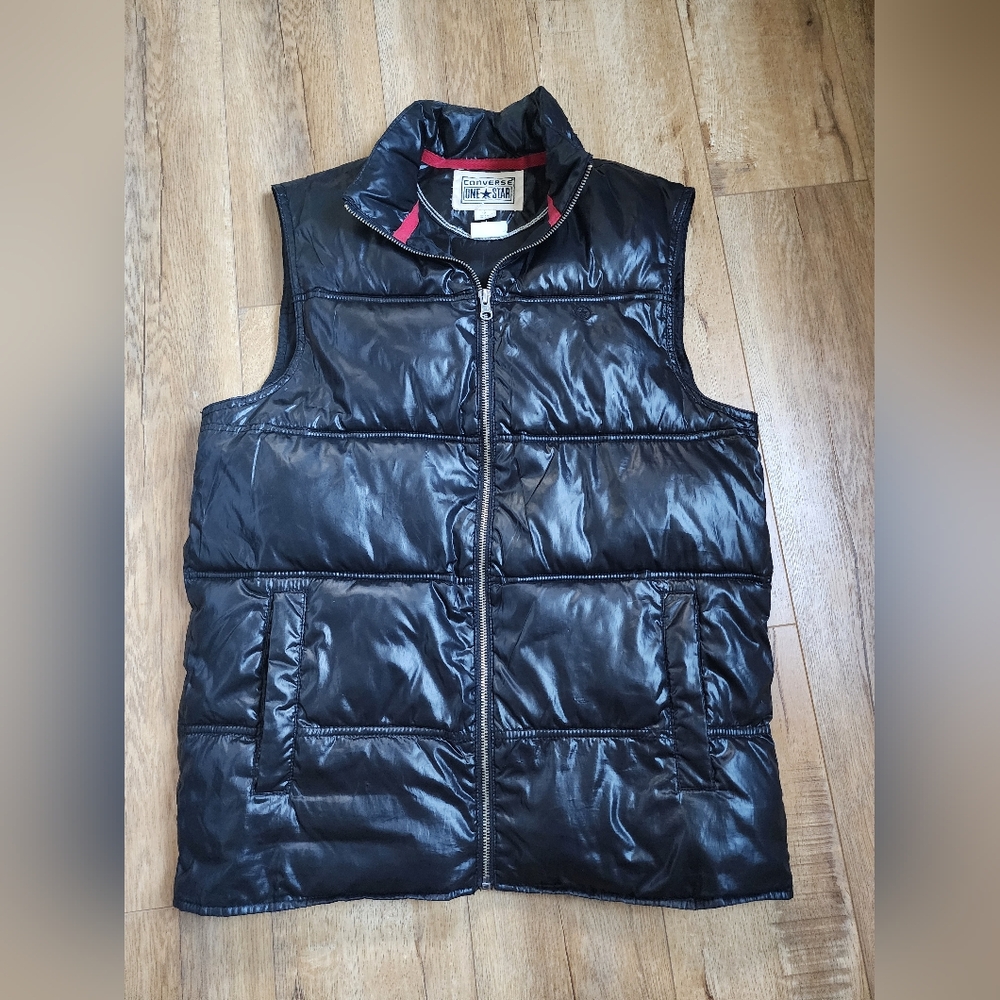 Converse One Star Puffer Vest Mens S Womens M Black Shiny Embroidered Logo - Picture 1 of 8